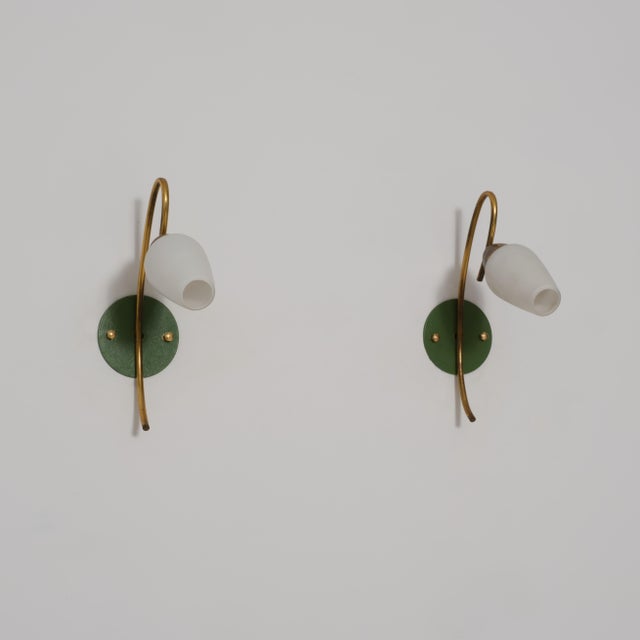 Italian Brass and Green Lacquered and Opaline Glass Wall Sconces, 1950s, Set of 2 For Sale - Image 4 of 16