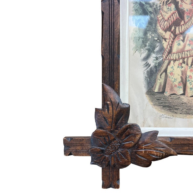 Wood Pair of Victorian Fashion Engravings in Carved Black Forest Frames, 19th C. For Sale - Image 7 of 17