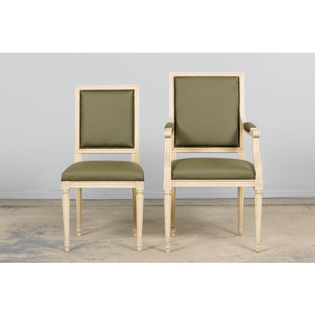 Early 20th Century Antique French Louis XVI Style Painted Dining Chairs in Olive Green Leather - Set of 8 For Sale - Image 5 of 18