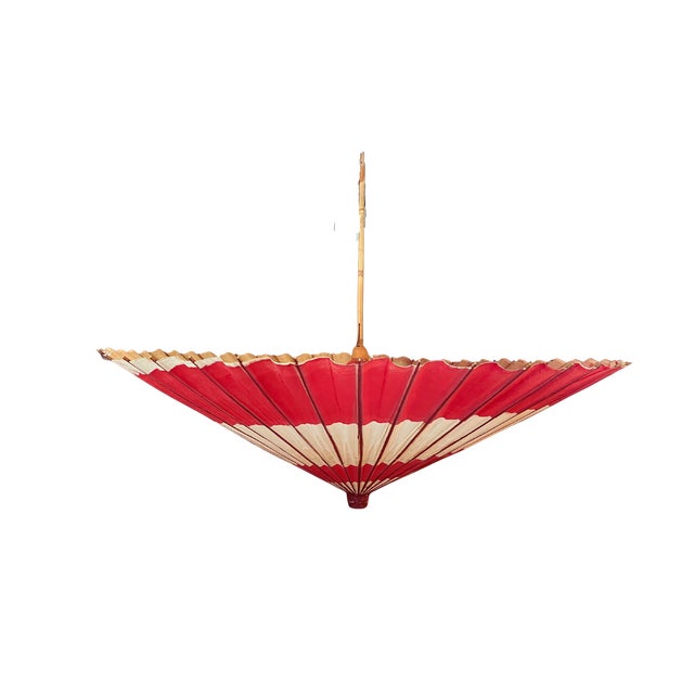 Mid Century or older parasol with brilliant red paint on ivory paper. Bamboo handle. Great decor or would make an...