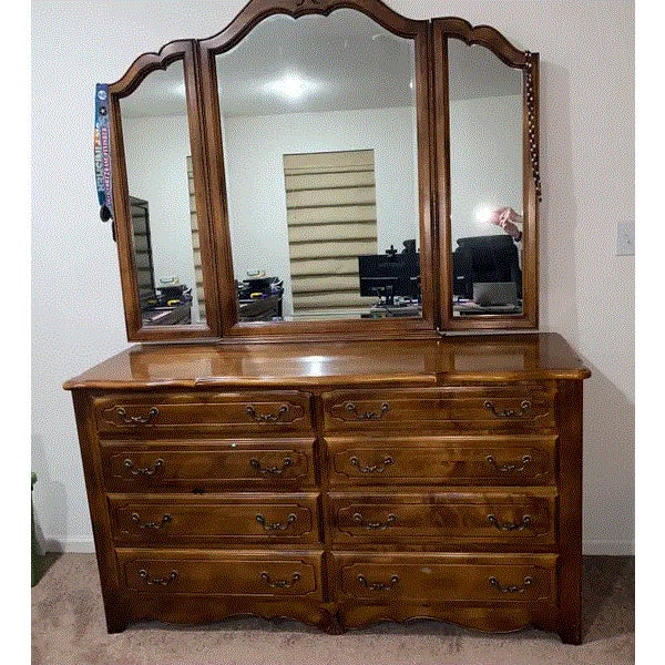 1980s Ethan Allen French Country 8 Drawer Dresser and TriFold Mirror ...