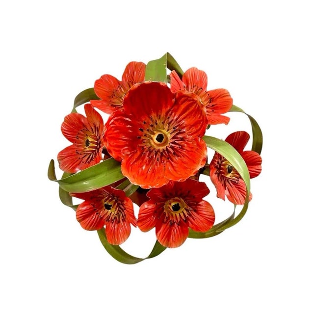 French Vintage Italian Tole Red Poppy Flowers / Floral Poppies Arrangement Sculpture in Pot, Made in Italy For Sale - Image 3 of 8