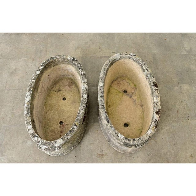 Stone English Pair of 1920s Oval Cast Stone Planters For Sale - Image 7 of 11
