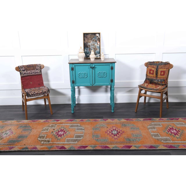 Boho Chic 1970s Vintage Turkish Hand-Knotted Wool Cotton Orange Runner Rug For Sale - Image 3 of 11