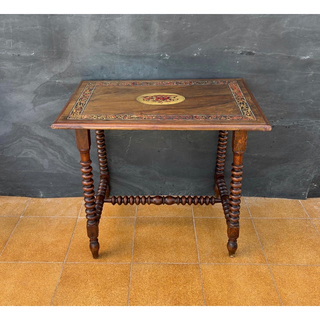 Spanish Barley Twist Table with Inlaid Marquetry Top, Early 20th Century For Sale - Image 6 of 13