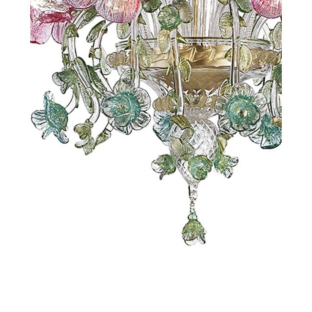 Art Nouveau Classical Luxury Venetian Pink and Green Floreal Murano Glass Chandelier. For Sale - Image 3 of 6
