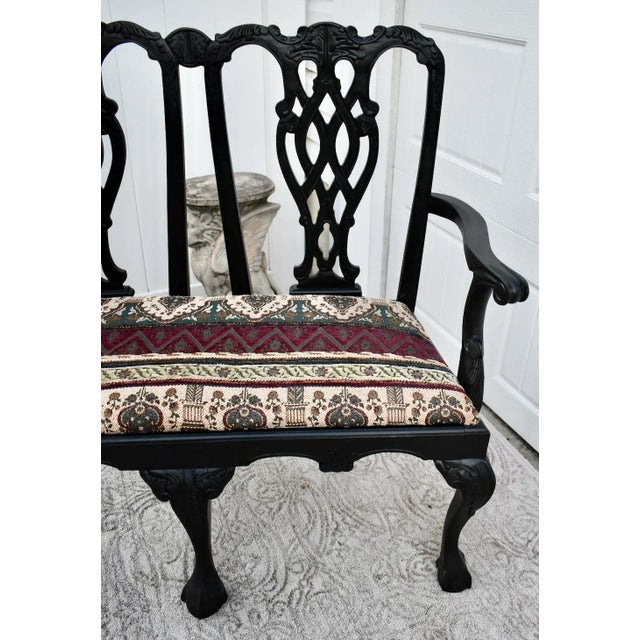 Wood Vintage Chippendale Style Bench Settee Carved Fretwork Black Two Seater Chair For Sale - Image 7 of 13