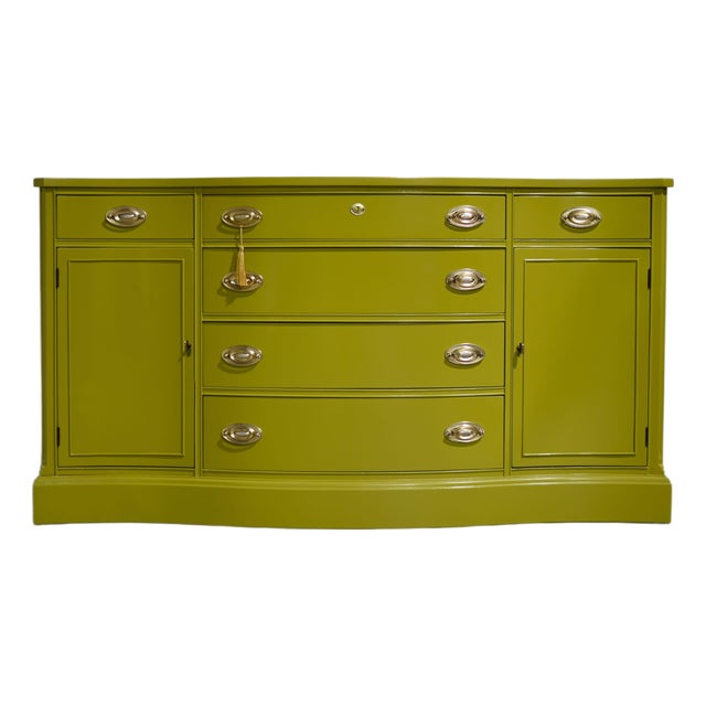 Mid Century Federal Style Serpentine Front Credenza by Bassett Furniture in Green - Newly Painted For Sale