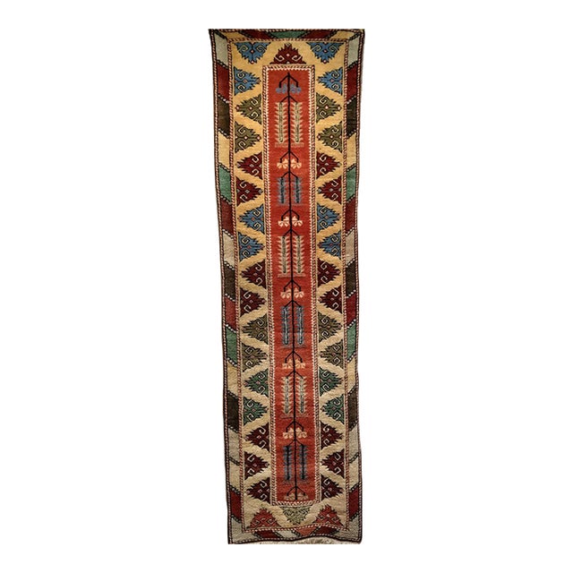 Vintage Turkish Oushak Runner, Handwoven Wool Pile, Geometric Design, 3' x 9' For Sale