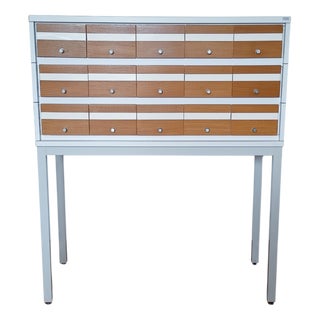 Mid-Century French Oak and White Lacquered Metal Filing Cabinet by G. Borgeaud, 1960s For Sale