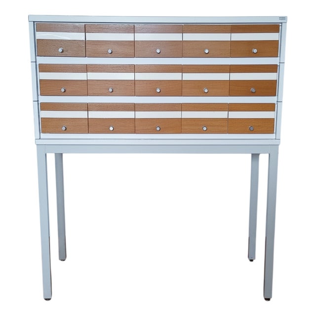 Mid-Century French Oak and White Lacquered Metal Filing Cabinet by G. Borgeaud, 1960s For Sale