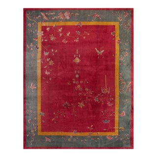 1920s Red Floral Antique Chinese Art Deco Rug 9' X 11'8" Handknotted Wool Carpet For Sale