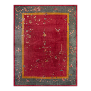 1920s Red Floral Antique Chinese Art Deco Rug 9' X 11'8" Handknotted Wool Carpet
