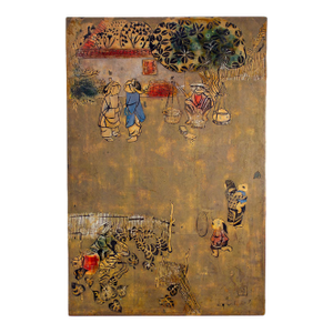 Mid to Late 20th Century Vietnamese Layered Lacquer Painting Gilt & Polychrome on Wood Village Scene Signed by Nguyen Van Minh