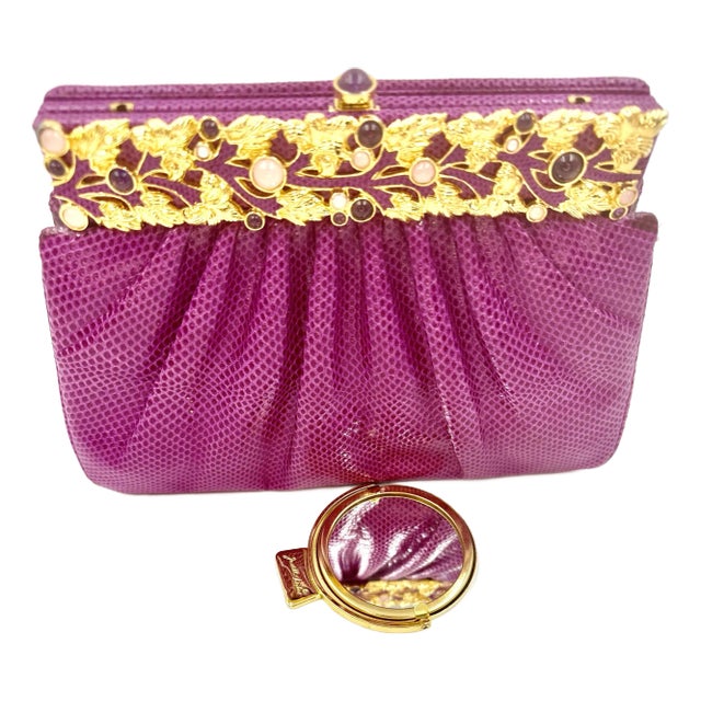 1990s Judith Leiber Karung SnakeSkin Fuschia Pink Handbag Pink Gemstones Clutch Shoulder Day Vintage For Sale