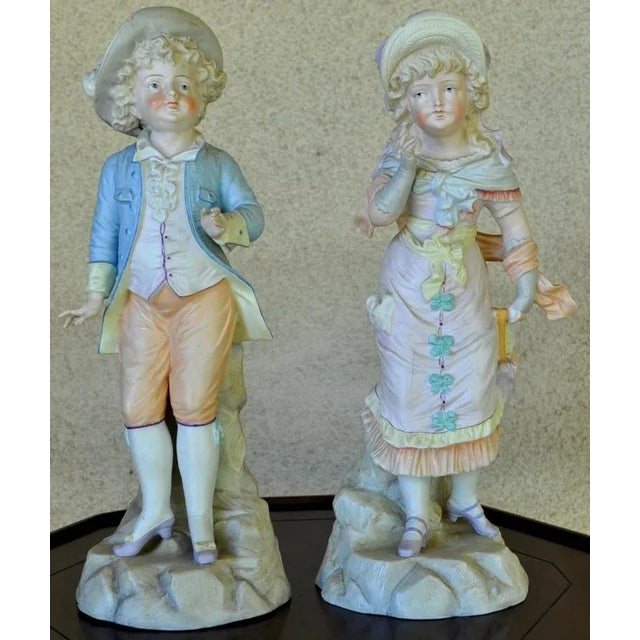 German Bisque Porcelain Figurines of a Boy and a Girl Statue a Pair