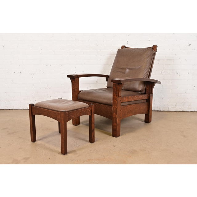 Gustav Stickley Mission Oak Arts & Crafts Bow Arm Reclining Morris Lounge Chair With Ottoman by Warren Hile Studio, Newly Refinished For Sale - Image 12 of 12