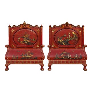 1930s Georgian Style Ball & Claw Red Chinoiserie Twin Bed Frames - Pair For Sale