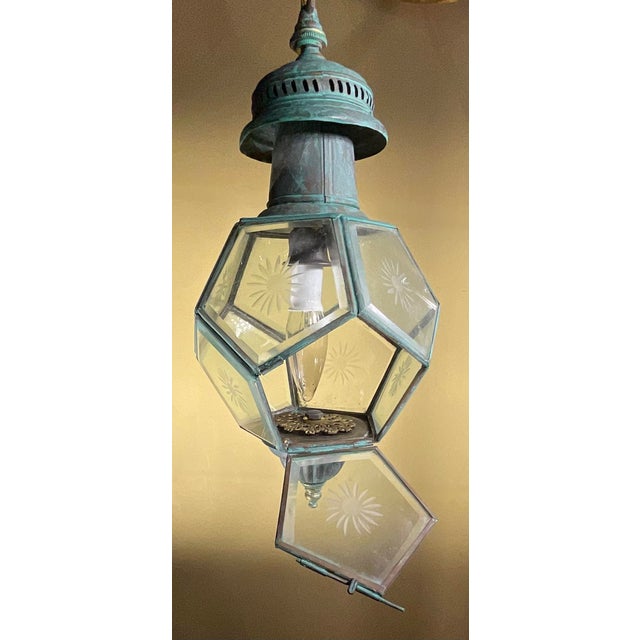 Antique English Solid Brass & Glass Starburst Hanging Lantern - Pendant For Sale - Image 11 of 14