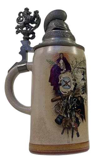 Münich Bier Stein with Hand-Painted Military Scene, 1920s