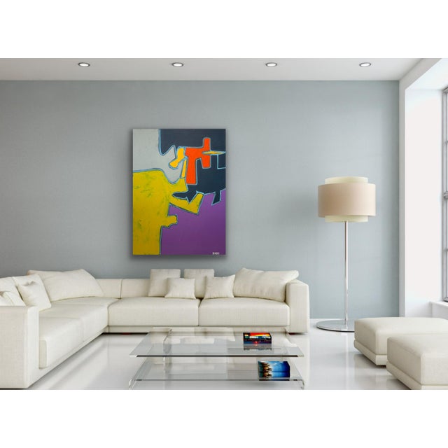 A striking original modernist abstract painting measuring 36" x 48". Featuring bold color-blocking in vibrant mustard...