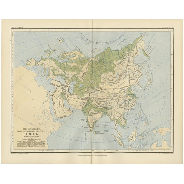 Geological Map of Asia by A.K. Johnston Mountains and Valleys, 1852 For Sale
