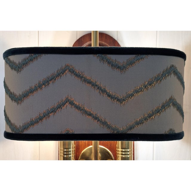 Wood Vintage Wall Lamp with Mahogany Back Panel, Brass Frame and Fabric Shade, 1980s For Sale - Image 7 of 8