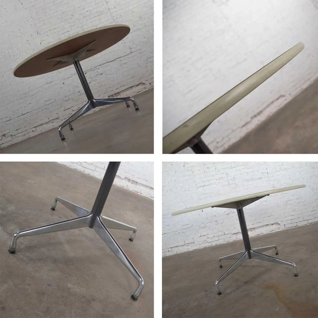 Eames Herman Miller Round Tables Universal Base Wood Grain Laminate Top For Sale - Image 11 of 13