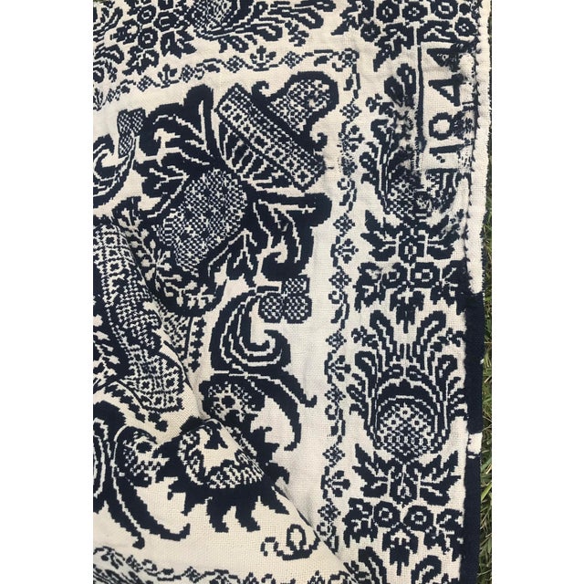 Antique 1844 Jacquard Hand-Loomed Blue Cream Cotton Wool Textile Coverlet For Sale - Image 12 of 13