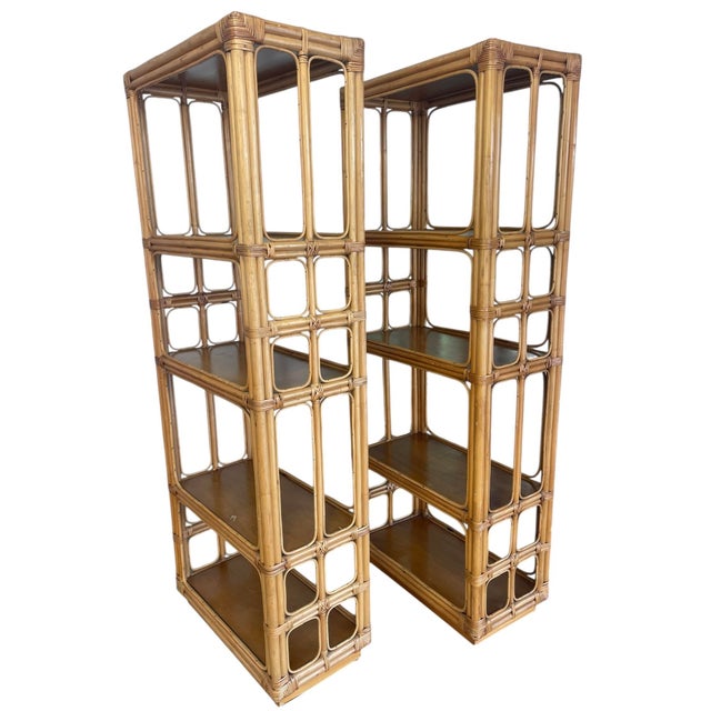 Late 20th Century Vintage Tall Architectural Palm Beach Style Rattan Étagères, Pair For Sale - Image 5 of 12