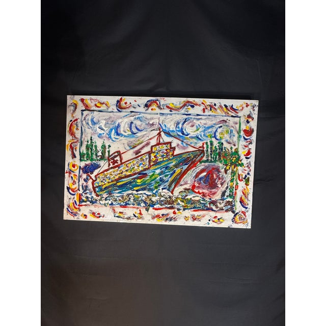 Colorful Mixed Media Boat Painting For Sale - Image 11 of 11