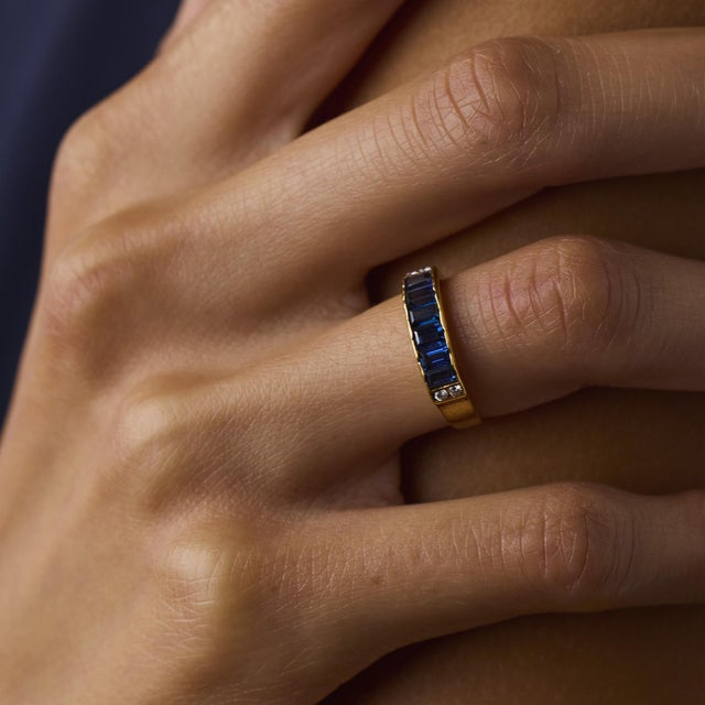 Mid 20th Century Vintage Sapphire Diamond 18k Yellow Gold Band, Size 5.5 For Sale - Image 5 of 6