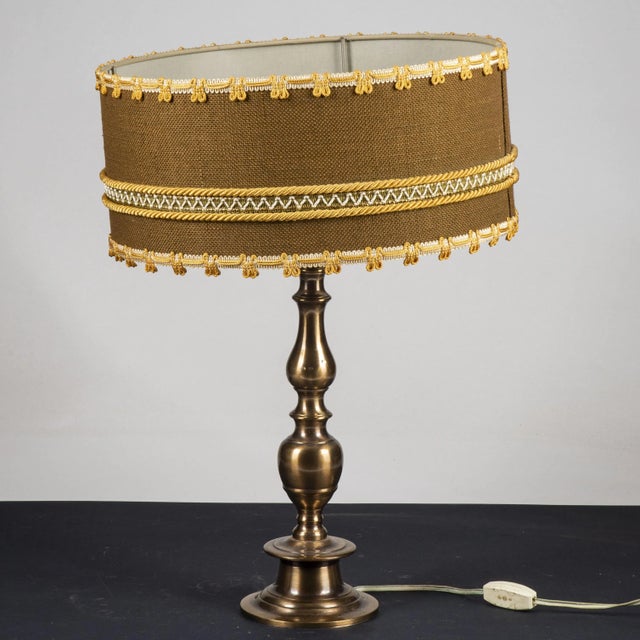 Brass & Metal Table Lamp with Circular and Low Fabric Shade For Sale - Image 3 of 6