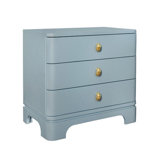 Contemporary Matthew Izzo Home Fortune Light Blue Matte Lacquer Three Drawer Side Table With Brass Beetle Knob For Sale - Image 3 of 6