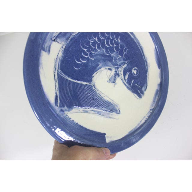 Blue Vintage Hand Painted Fish Pottery Plate For Sale - Image 8 of 8