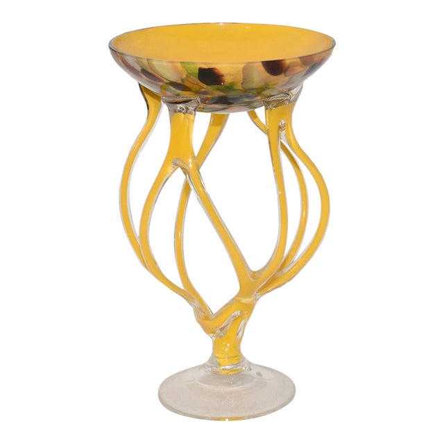 Vintage MCM Jozefina Krosno Hand Blown Jelly Fish Compote Yellow Cased Glass Bowl For Sale