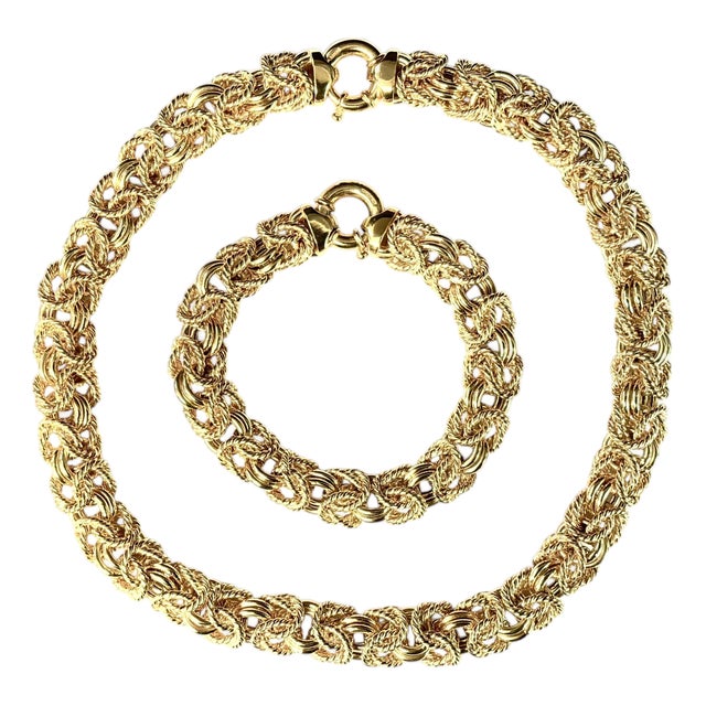 Vintage Italian 14k Gold Woven Link Necklace and Bracelet Set For Sale