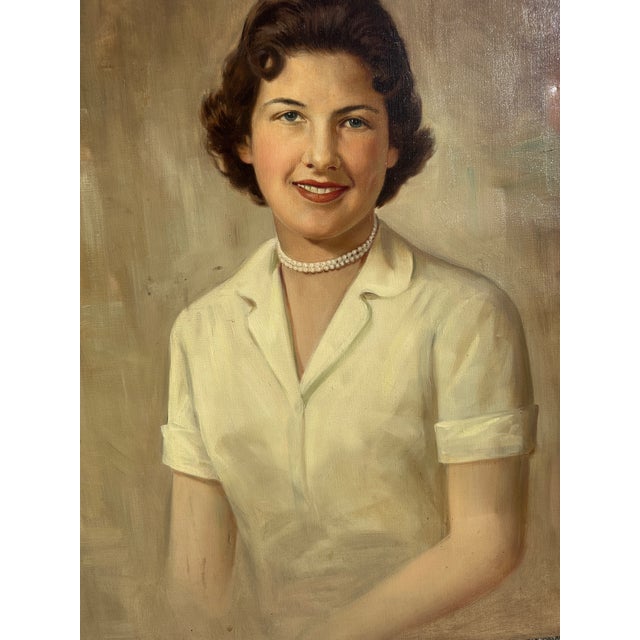 Textile Vintage Portrait Painting of a Woman on Canvas, Signed by the Artist For Sale - Image 7 of 9