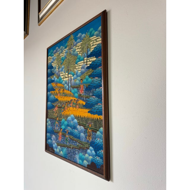 1970’s Vintage Penestanan Kelod Bali Folk Art - Rice Harvest Scene Oil on Canvas Painting For Sale - Image 4 of 10