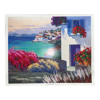 Art Print Mediterranean Sunlit Harbor Mikki Senkarik 26 1/2" X 32" 1996 Ab5099 Open Ed For Sale