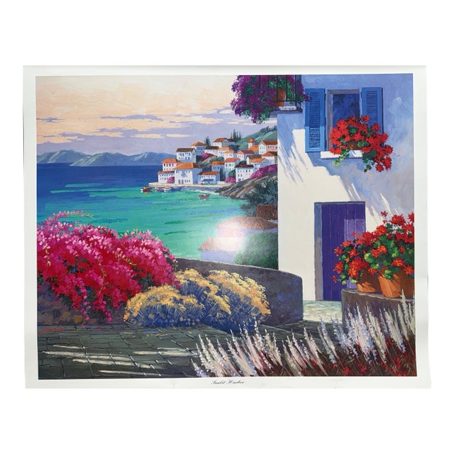 Art Print Mediterranean Sunlit Harbor Mikki Senkarik 26 1/2" X 32" 1996 Ab5099 Open Ed For Sale