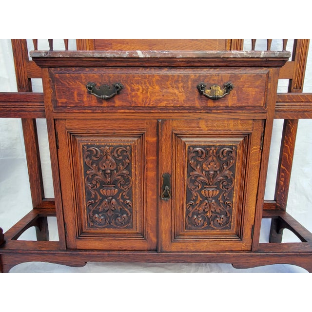 Antique 1890s Carved Oak Hall Tree W Hooks, Mirror, Marble Top