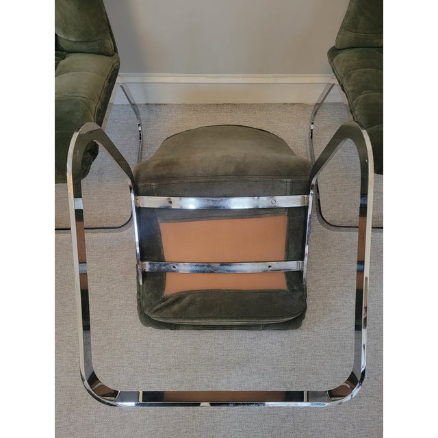 1970s Suede and Chrome Cantilever Dining Chairs in Moss Green Attributed to Roche Bobois-Set of 6 For Sale - Image 14 of 17