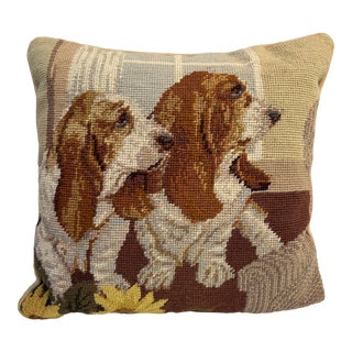Vintage Needlepoint Pillow Featuring Two Bassett Hounds and Sunflowers For Sale