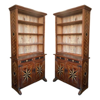 Late 19th Century Pair of Marquetry Pine Bookcase with Two Doors and Drawers For Sale