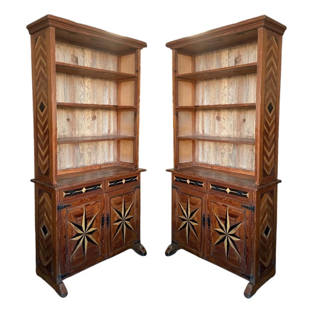 Late 19th Century Pair of Marquetry Pine Bookcase with Two Doors and Drawers For Sale