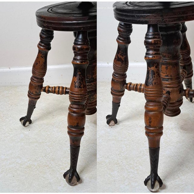 Late Victorian Adjustable Piano Stool With Glass Ball & Claw Feet, Circa 1880-1900 For Sale - Image 11 of 15
