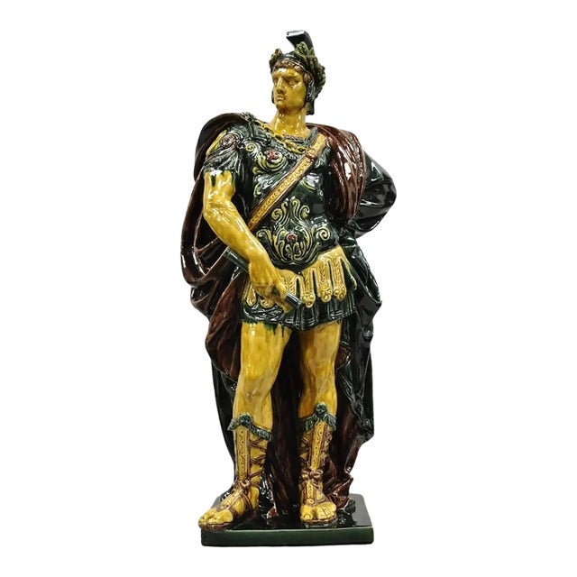 Early 20th Century Majolica Alexander the Great Greek Warrior Soldier Glazed Pottery Sculpture For Sale