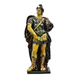 Early 20th Century Majolica Alexander the Great Greek Warrior Soldier Glazed Pottery Sculpture
