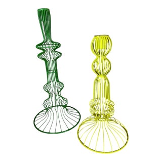 Set of Green Wire Taper Candle Holders For Sale